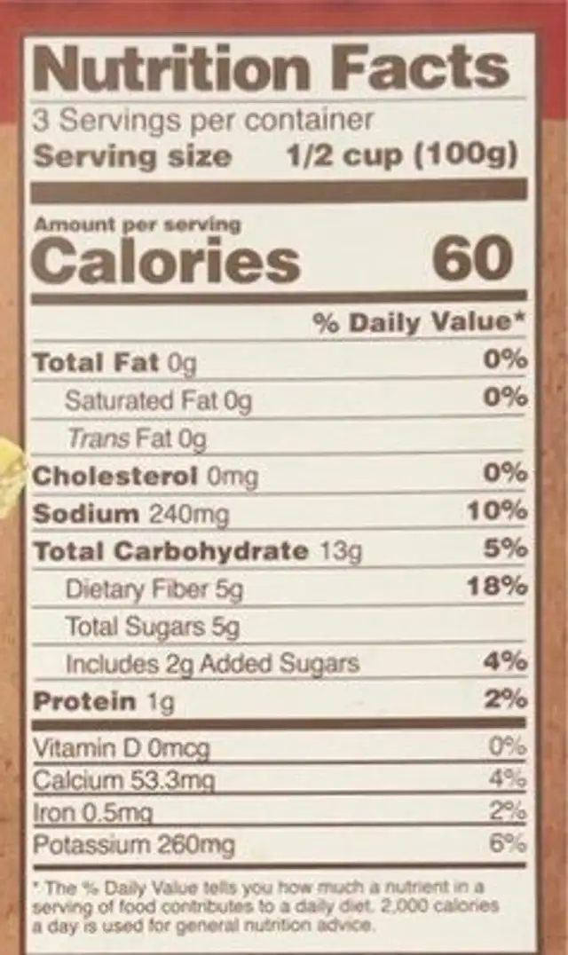Organic Young jackfruit nutrition facts table