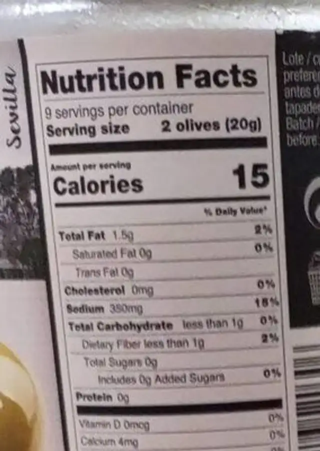 Gordal Aceitunas Rellenas de Pimiento Rojo nutrition facts table