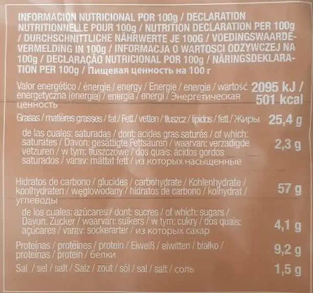 Pan con Cebolla nutrition facts table