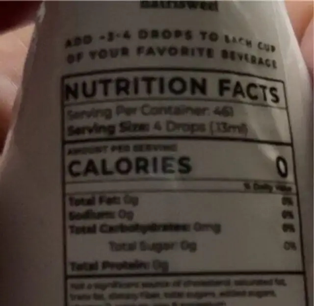 Stevia Liquid drops nutrition facts table