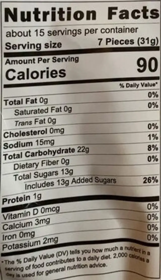 Mini Gummi Worms nutrition facts table