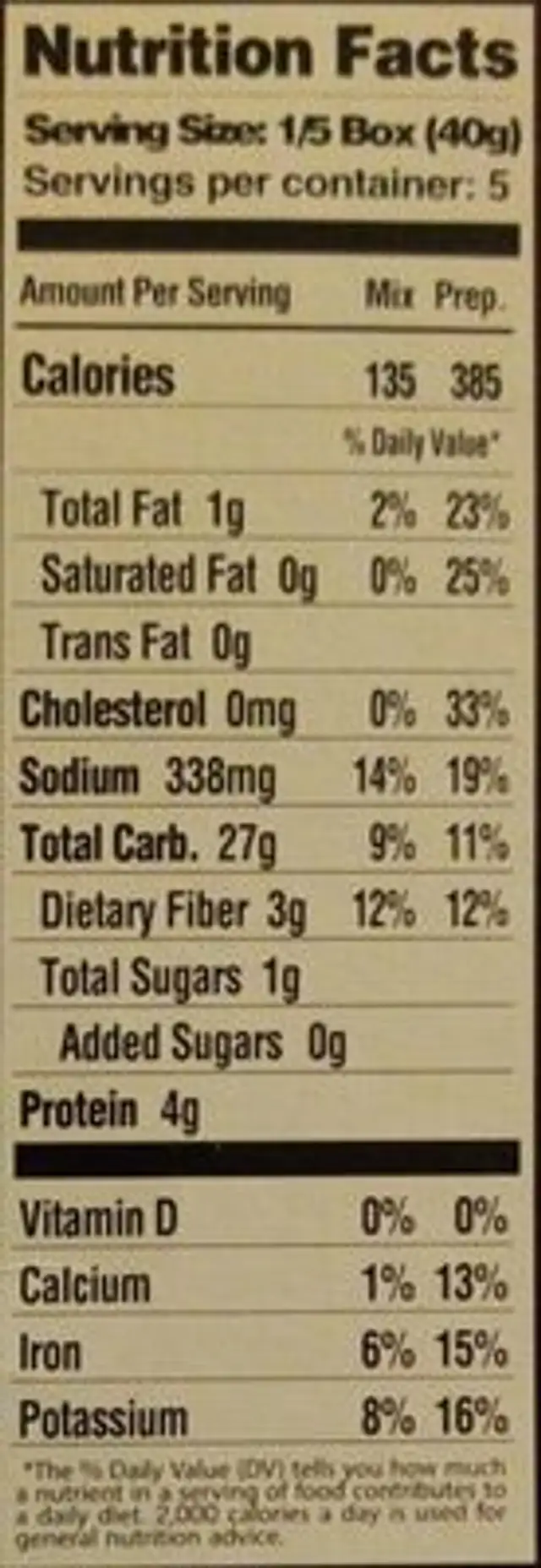 Cheesy Pasta Skillet Meal nutrition facts table