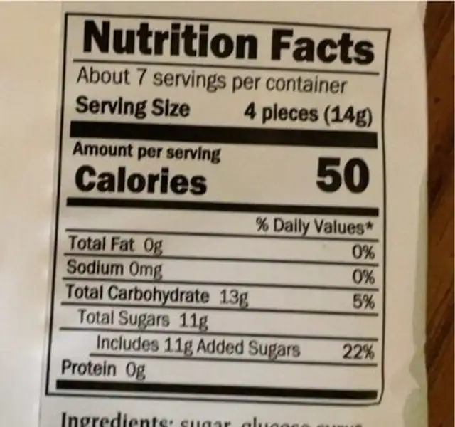 Hard filled candy nutrition facts table