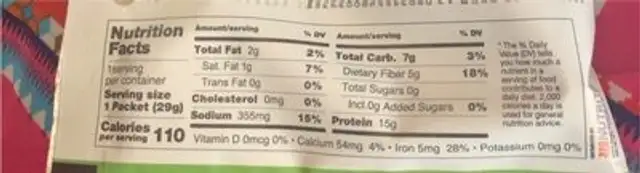 Shake nutrition facts table