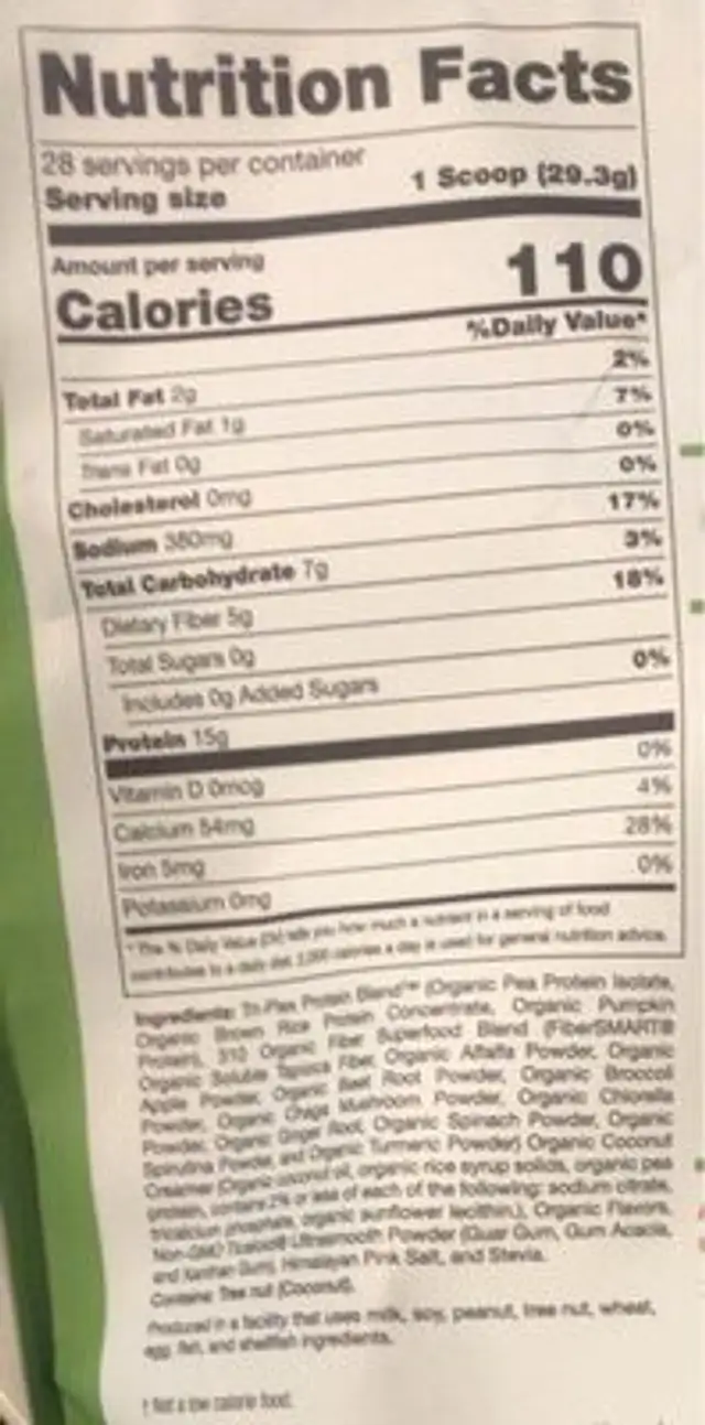 310 shake nutrition facts table