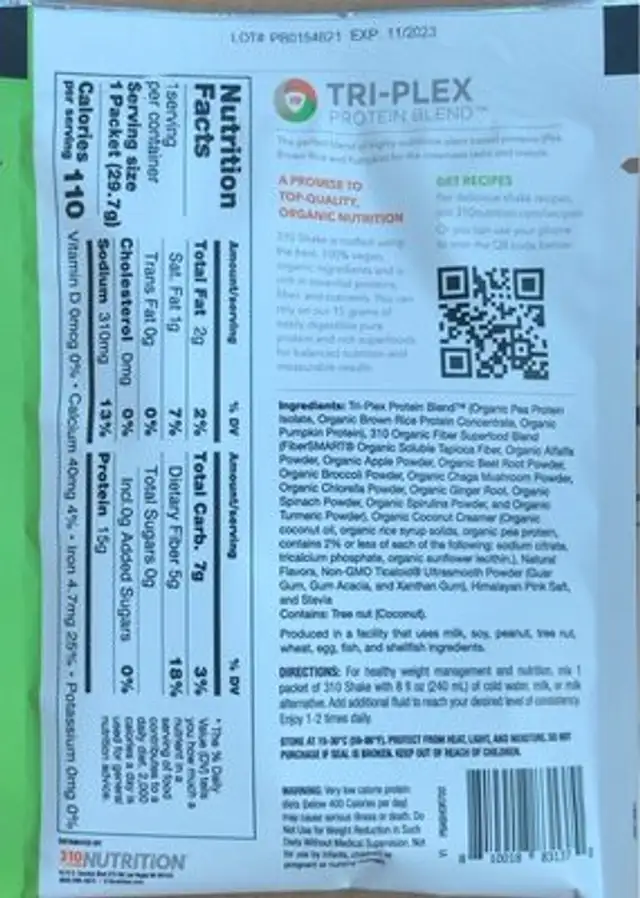 Horchata Meal Replacement Shake nutrition facts table