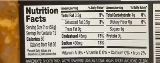 Seasoned chicken thigh strips nutrition facts table