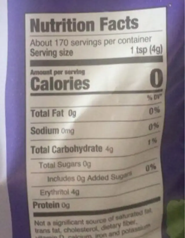 Organic granular sweetner nutrition facts table