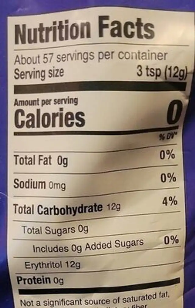 Pure Organic  Erythritol nutrition facts table
