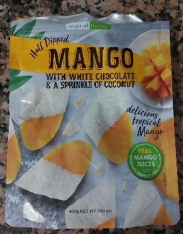 Half dipped mango with chocolate and  sprinkle of coconut