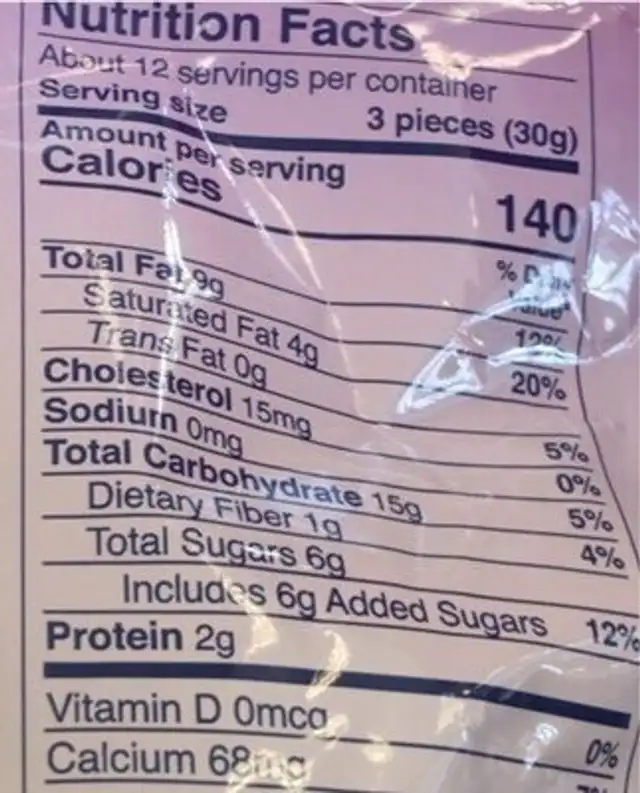 Barazek cookie nutrition facts table