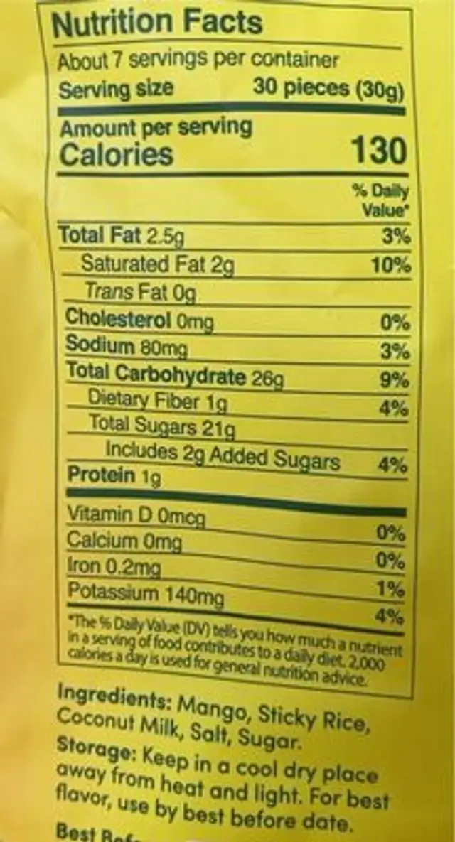 Freeze dried mango nutrition facts table