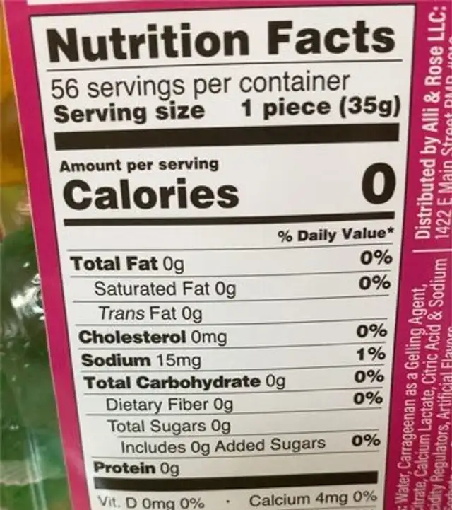 Fruit Jellies nutrition facts table