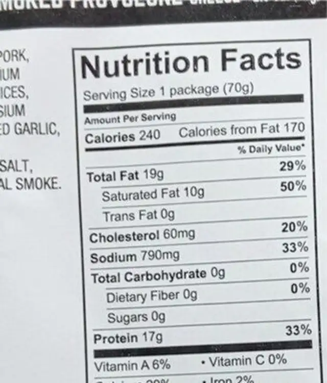 Calabrese salame & smoked provolone cheese nutrition facts table