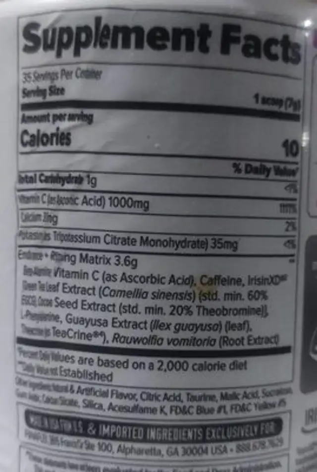 Stimul8 nutrition facts table