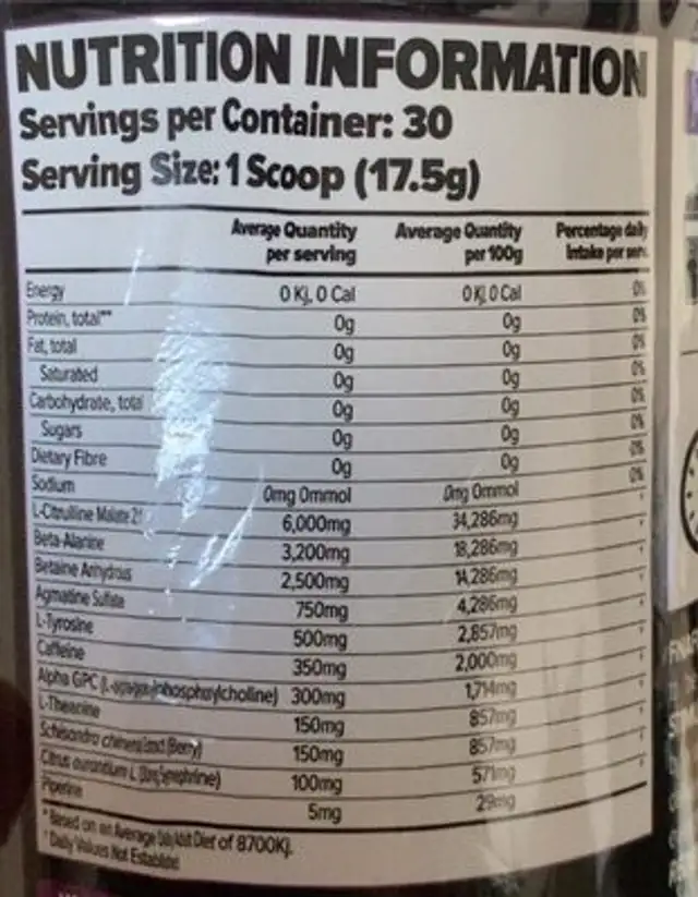 Stimul8 hardcore nutrition facts table