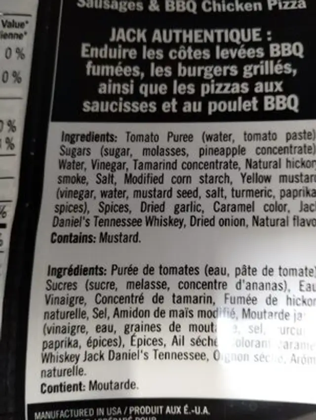 Sauce BBQ ingredients label