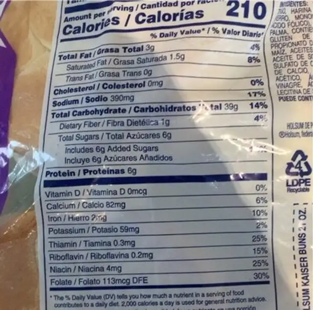 Kaiser Buns nutrition facts table
