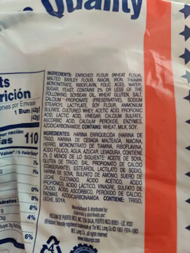 Pan Holsum ingredients label