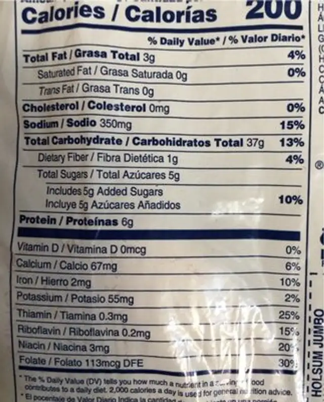 Jumbo Hamburger nutrition facts table