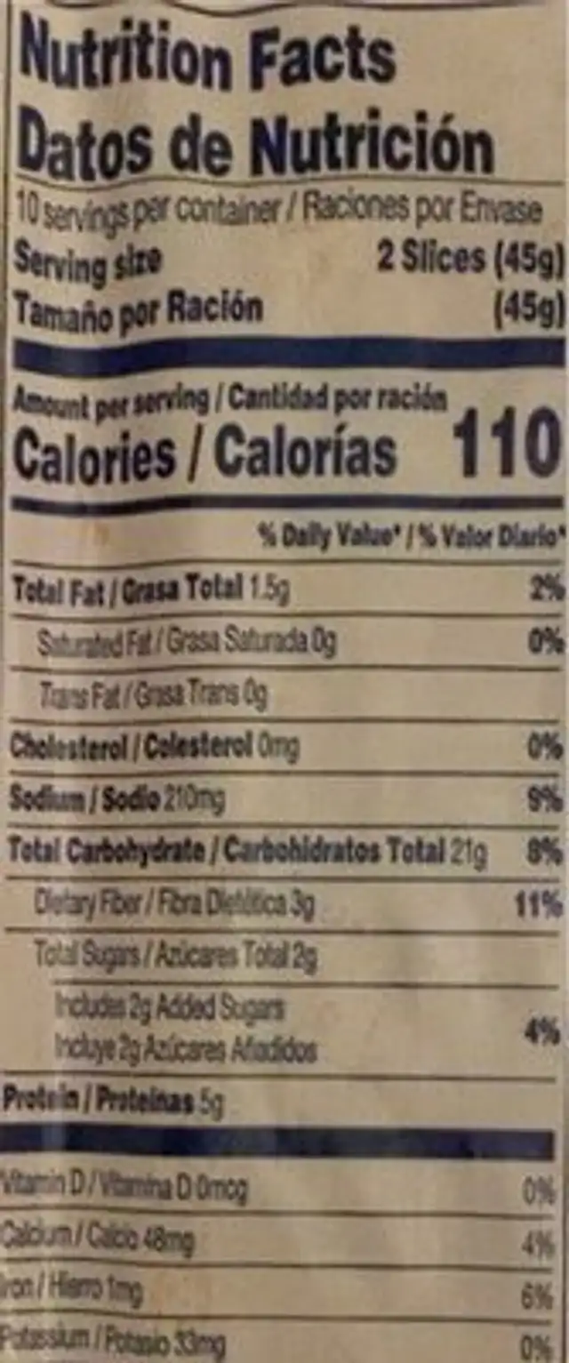 Holsum 100% wheat nutrition facts table