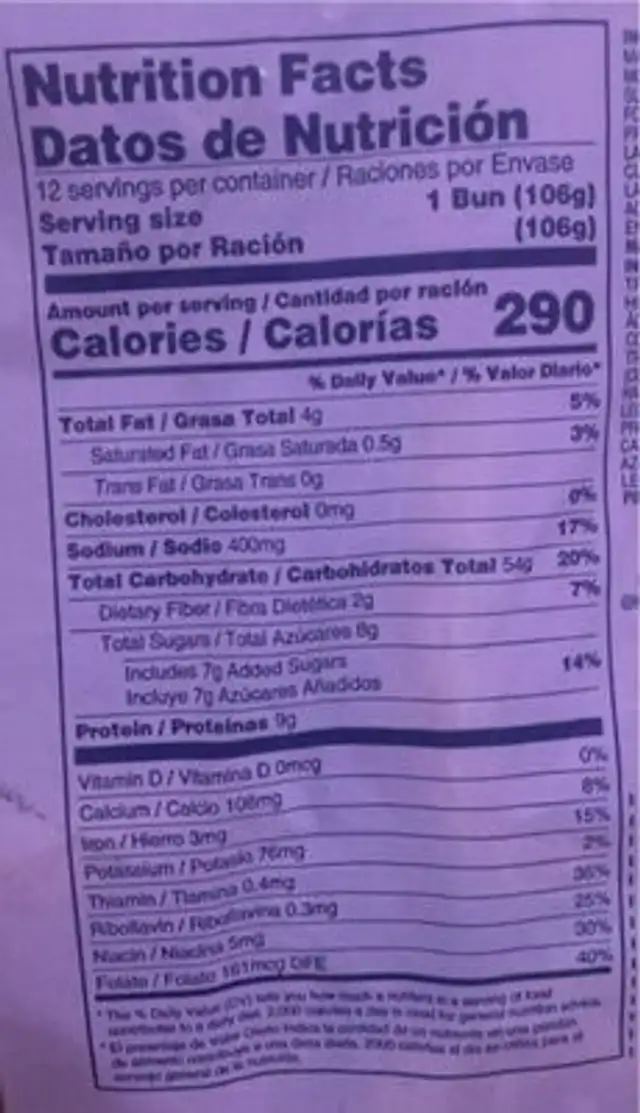 Hoagie Rolls nutrition facts table