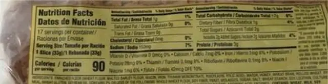 honey bread nutrition facts table