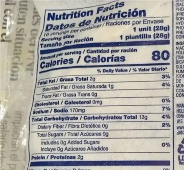 Tortillas nutrition facts table