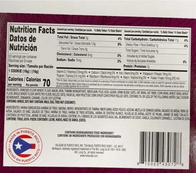 Galletas de avena nutrition facts table