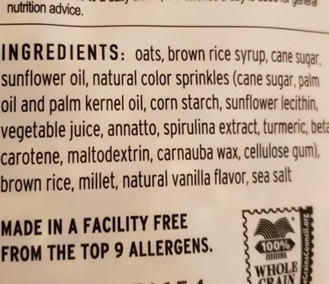 Birthday Cake granola ingredients label
