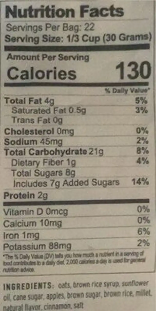 Honeycrisp apple pie granola nutrition facts table