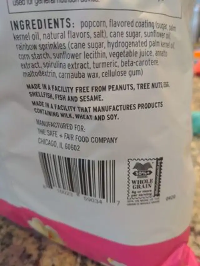 Birthday Cake Drizzled Popcorn ingredients label