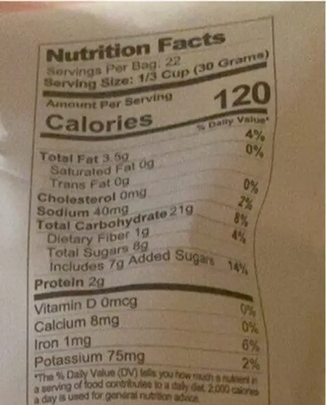Strawberry Shortcake Granola nutrition facts table