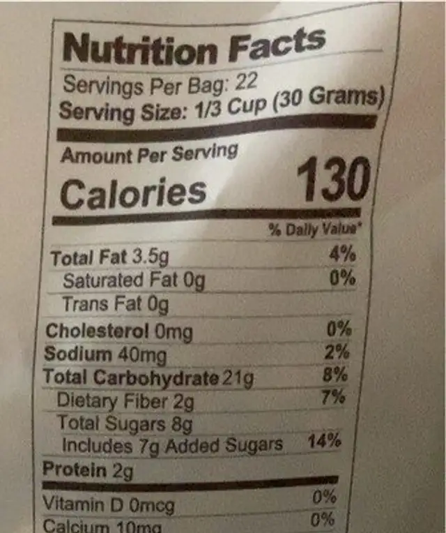 Pumkin Pie Granola nutrition facts table