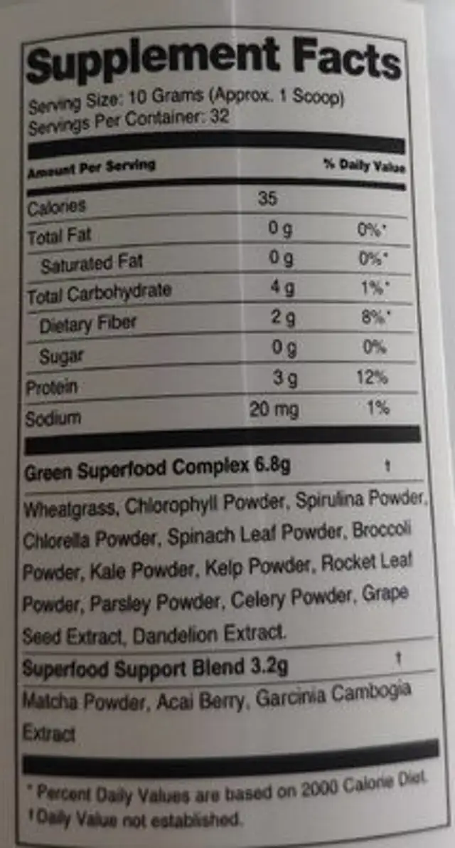 Greens Superfood Blend nutrition facts table