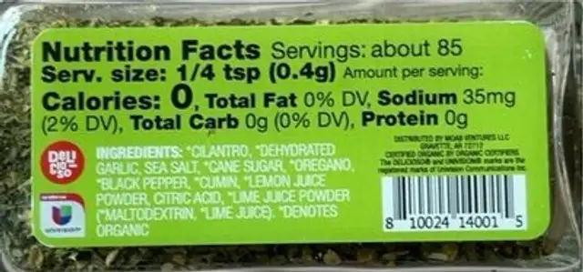 Organic cilantro lime nutrition facts table