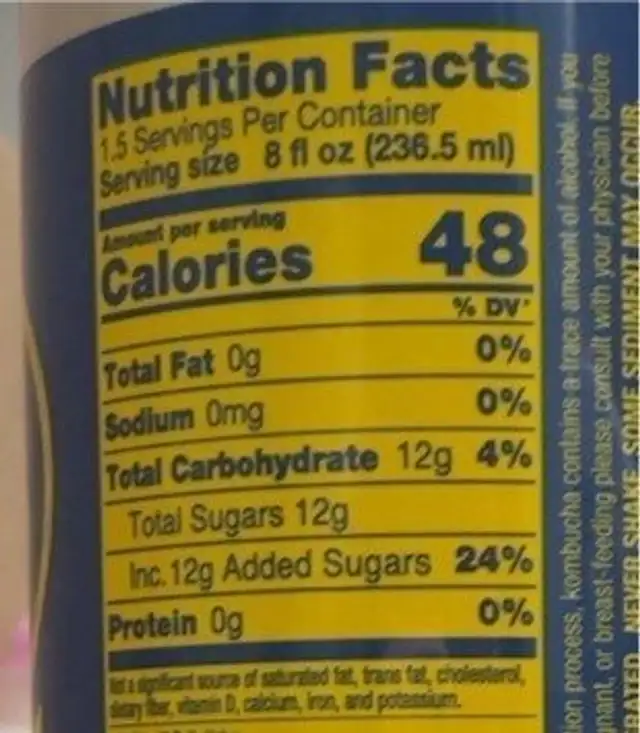 Kombucha nutrition facts table