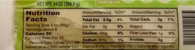 Soft Tofu nutrition facts table