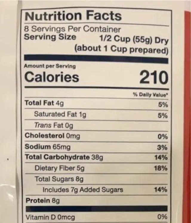 Grammys sweet oatmeal nutrition facts table