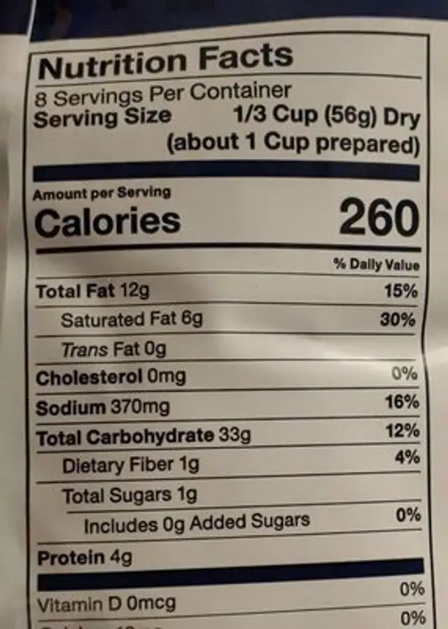 Creamy rice and vegetable dinner nutrition facts table