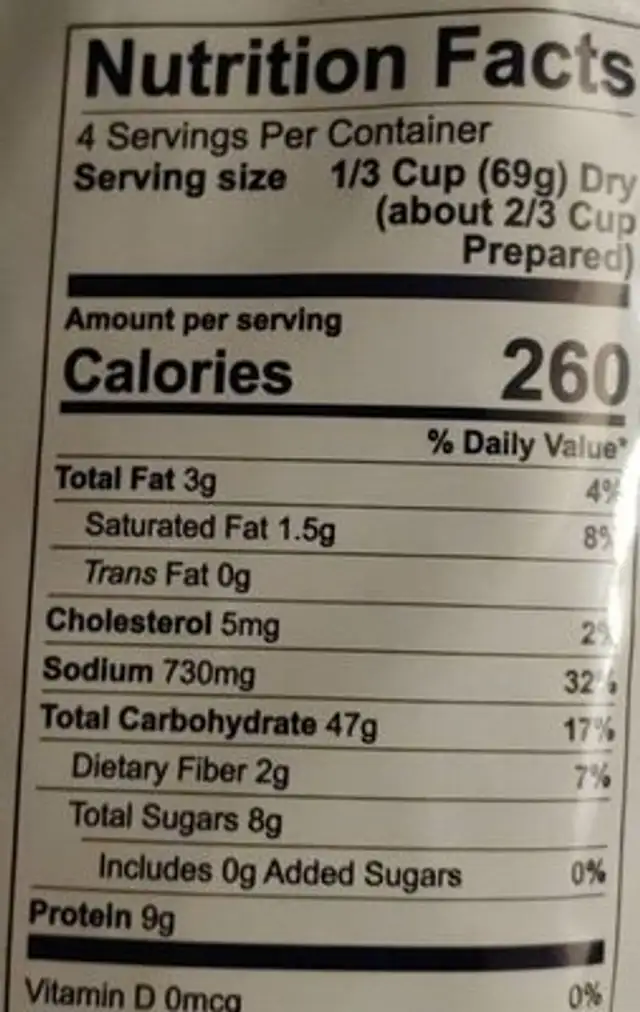 America's finest mac and cheese nutrition facts table