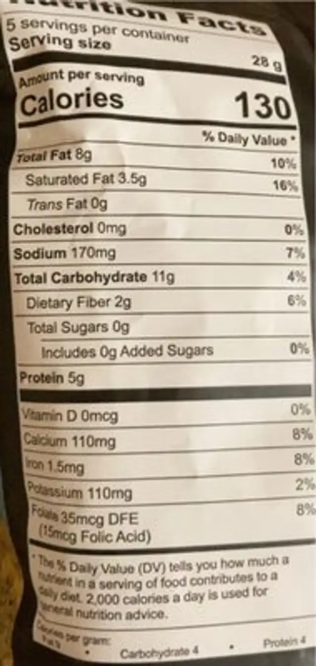 Gluten free hemp chips nutrition facts table