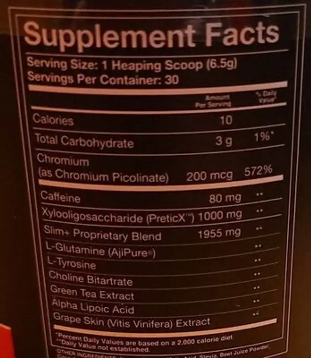 Slim+ nutrition facts table