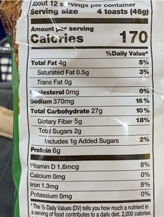 Multigrain toast nutrition facts table