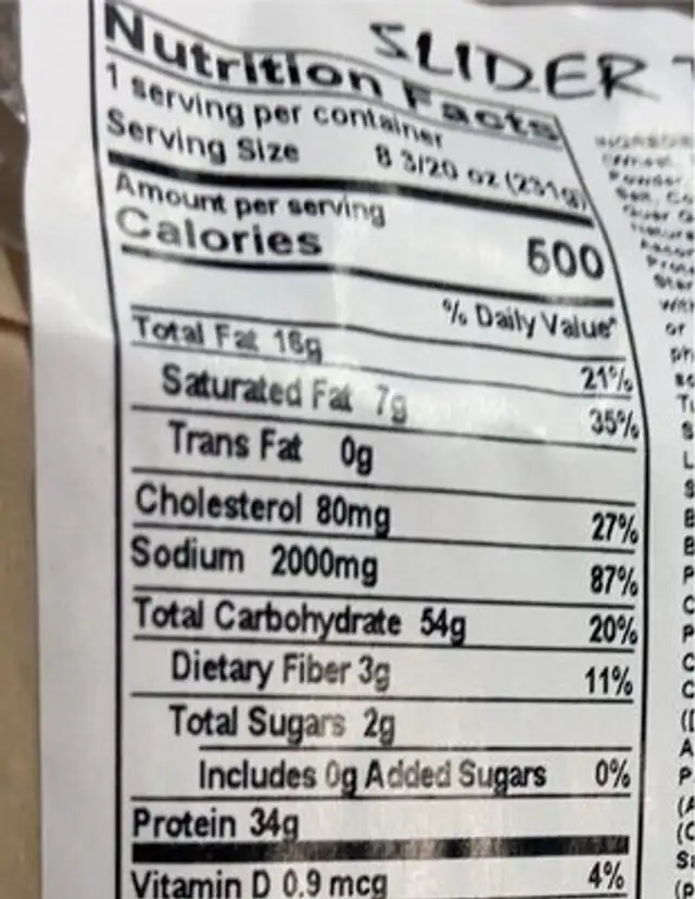 Slider Trio nutrition facts table