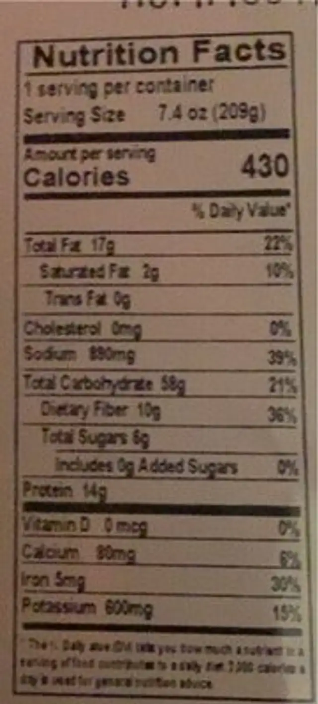 Hummus Among Us nutrition facts table