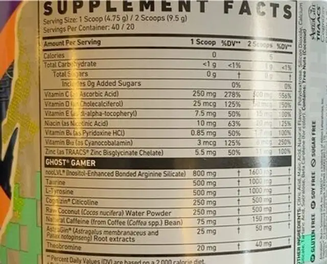 Ghost gamer nutrition facts table