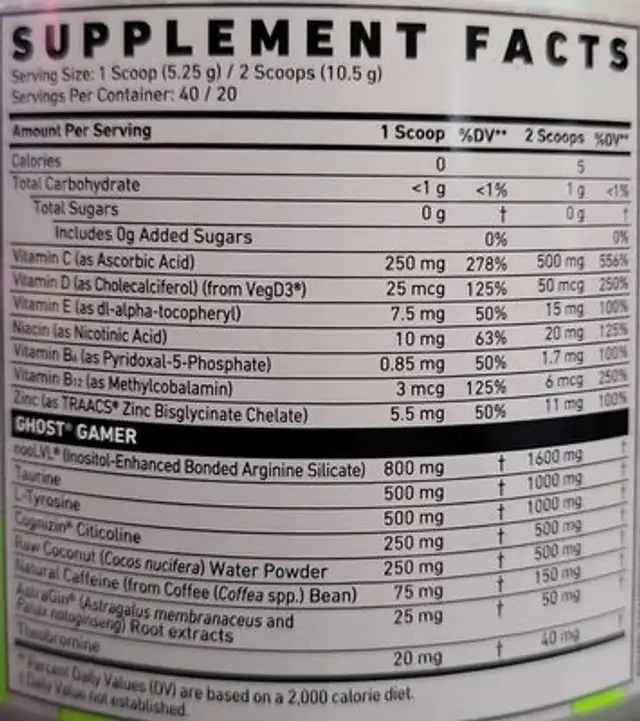 Ghost Gamer Sour Watermelon nutrition facts table