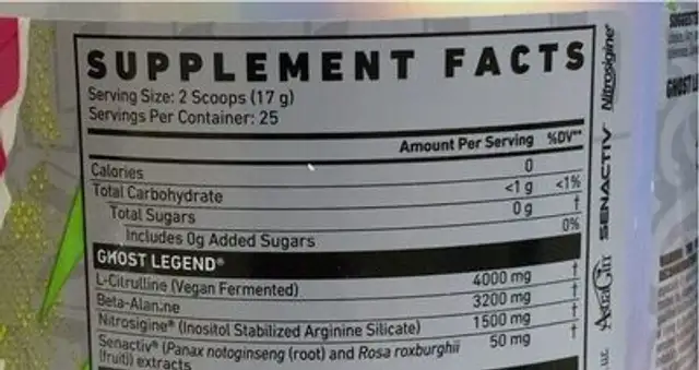 Sour Watermelon Preworkout nutrition facts table