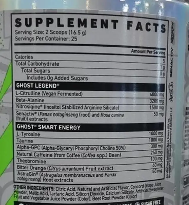 Ghost pre workout nutrition facts table